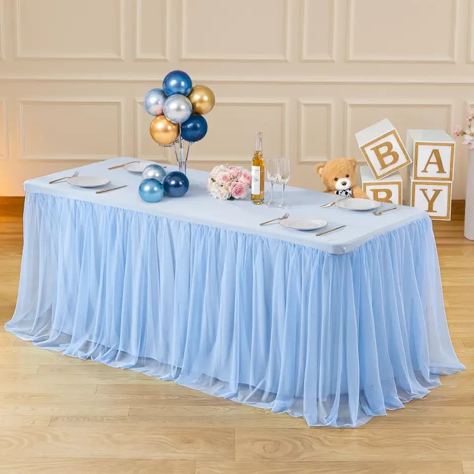 Suppromo 8ft Baby Blue Tulle Tablecloths for Rectangle Tables Light Blue 8 Foot Rectangular Table Cloth Wrinkle Free Table Cover with Tutu Skirt for Baby Shower Boy Birthday Party Banquet Buffet Cake