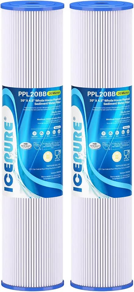 ICEPURE 20 Micron 20" x 4.5" Whole House Pleated Sediment Filter for Well Water, Remove Rust, Chlorine, Replacement Cartridge for ECP5-BB, AP810-2, HDC3001, SPC-45-1005 CP5-BB ECP1-20BB S1-20BB, 2PACK