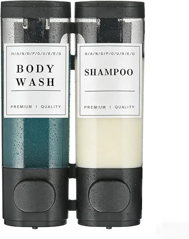 Shampoo and Conditioner Dispenser Bathroom Shower Soap Dispenser Wall Mounted Shampoo Dispenser for Shower Wall No Drill 2 * 350ml Black 2 Chamber with Waterproof Labels