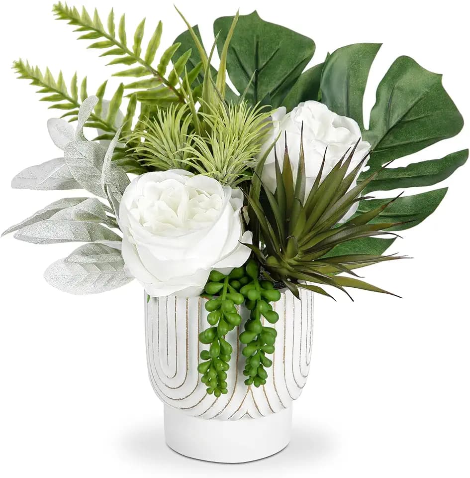 DILATATA Faux Peony with Pot Small Table Plant Fake Flowers in White Vase for Home Decor Fake Flowers Arrangement in Cement Pot for Table Centerpiece