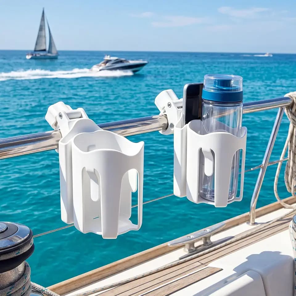 2 Pcs Boat Phone Holder, 2-in-1 Marine Cup and Cell Phones Mount for Boat, Pontoon, Kayak, Sailboat Handlebar, Universal Drink and Phone Holder, Adjustable Clamp, No Tools Required (White)