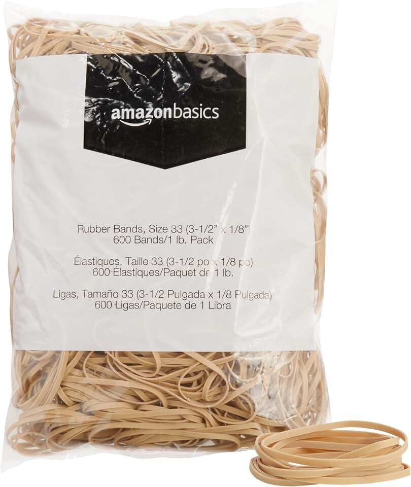 Amazon Basics Rubber Bands, Office Supplies, Size 33 (3-1/2 x 1/8 Inch), 600 Bands/1 lb Pack, 25-Pack, Tan