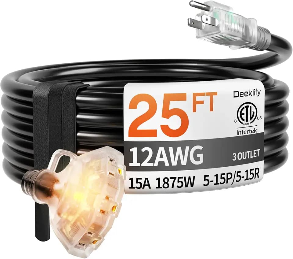 25FT 12 Gauge Black Outdoor Extension Cord with Multiple Outlets