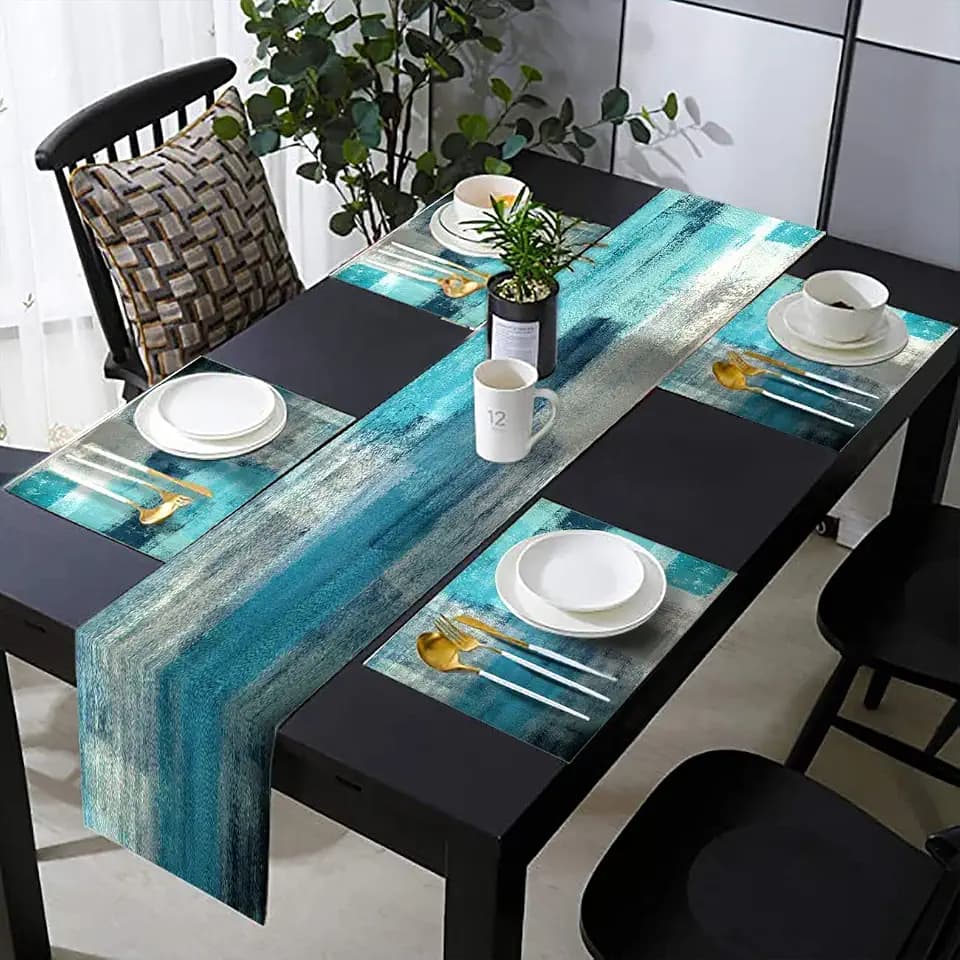 Turquoise Abstract Modern Table Runner and Placemats Set of 6