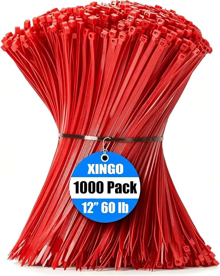 XINGO 1000 Stück Kabelbinder Rot, 300mm x 4.8mm, 22,7 kg Zugfestigkeit, UV-beständig, Selbstsichernde Kabelbinder für drinnen und drauße