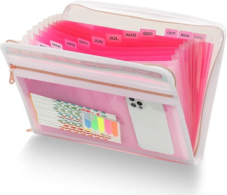 H4D Accordion File Organizer, 13 Pocket Expanding File Folder, Pink