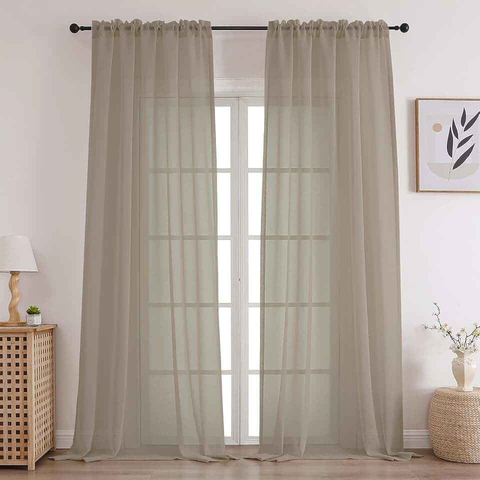 CUCRAF Linen Sheer Curtains 95 Inches Long 2 Panels Set, Semi Sheer Rod Pocket Window Treatment Voile Drapes for Living Room Bedroom(37''W x 95''L, Linen)