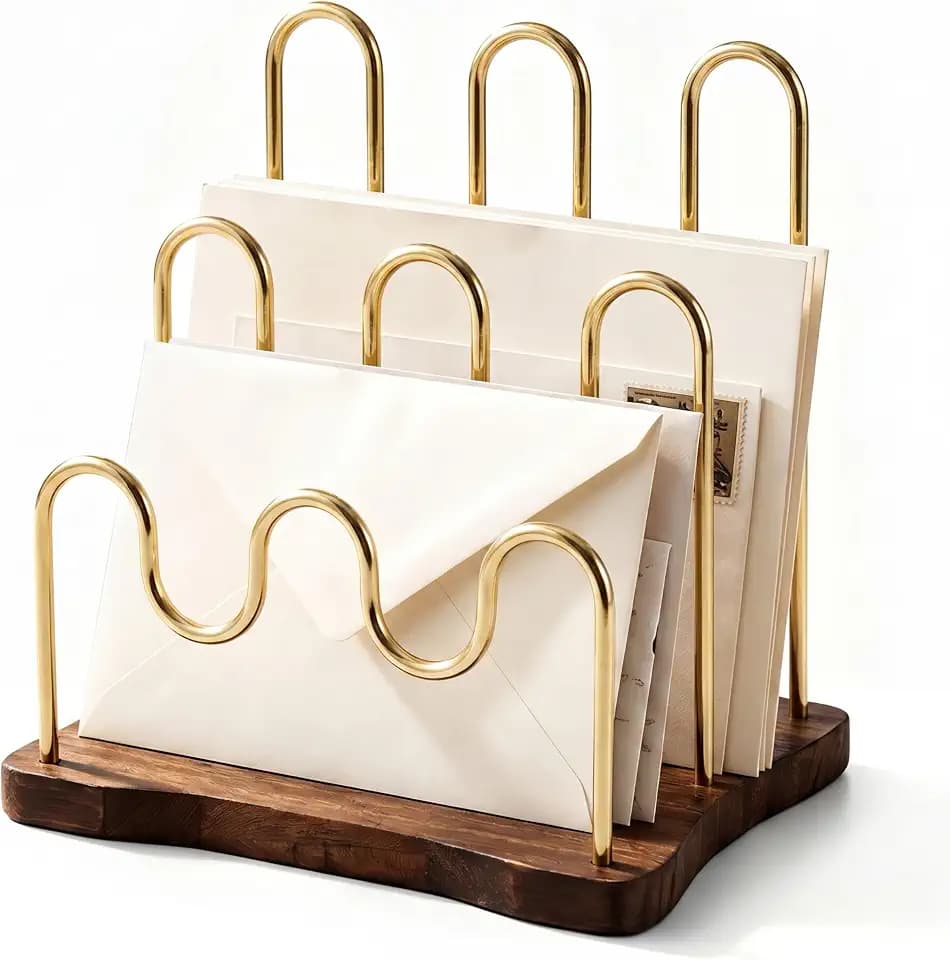SiliFine 3-Slot Mail Organizer for Countertop, Metal Desktop, Brown,Gold