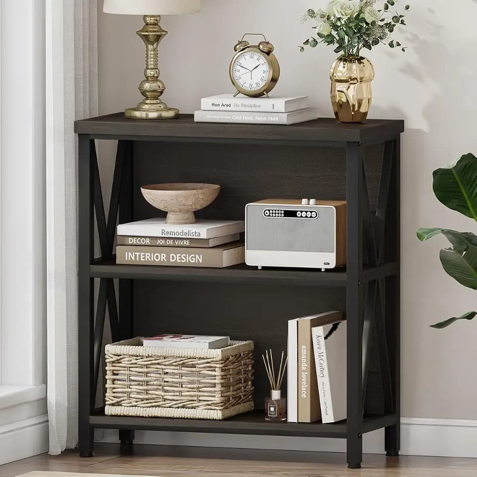 FATORRI Rustic Small Bookshelf for Small Space, Industrial Short Wood Bookcase, Farmhouse Low Book Shelf, 3 Tier Narrow Bookshelf for Living Room, Home Office, Hallway (Walnut Brown)