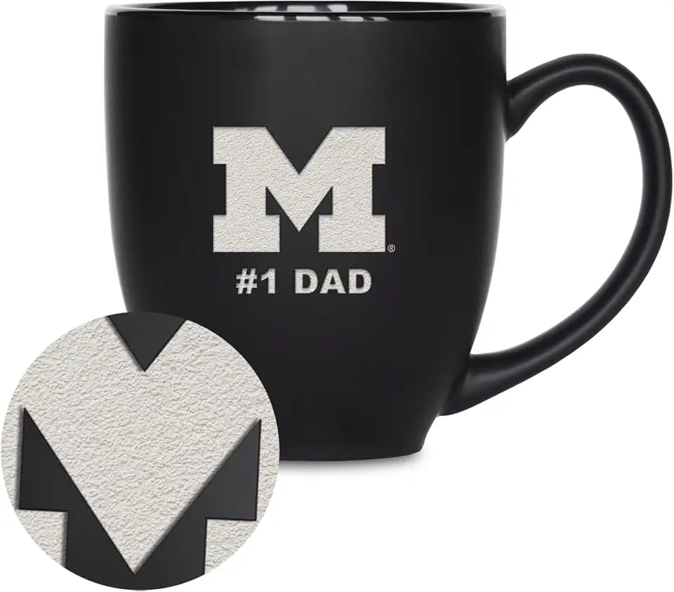Rico Industries NCAA Michigan Wolverines #1 Dad 15oz Laser Engraved Matte Black Ceramic Bistro Mug - for Hot or Cold Drinks