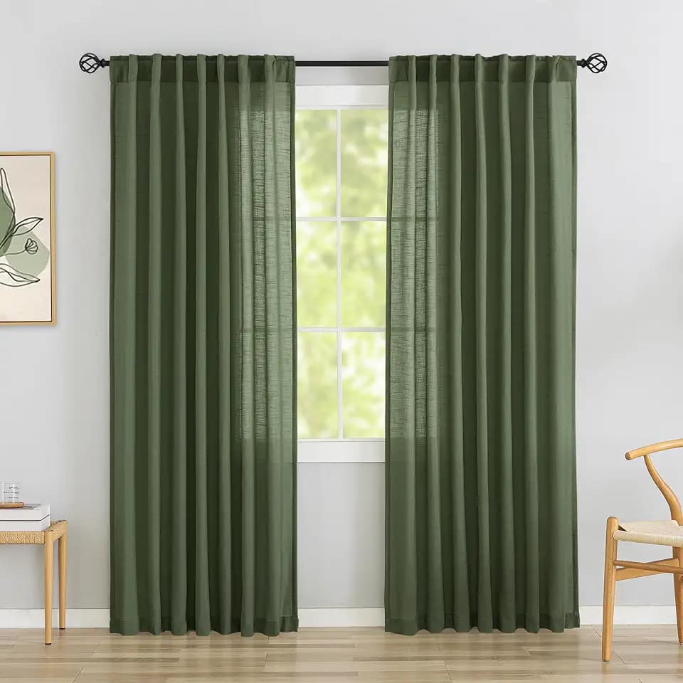 DONREN Olive Dark Green Linen Back Tab Curtains 84 Inches Long 2 Panels Set for Bedroom -Semi Sheer Modern Farmhouse Hooks Belt Pleated Curtain Panels Rod Pocket Light Filtering Privacy Drapes