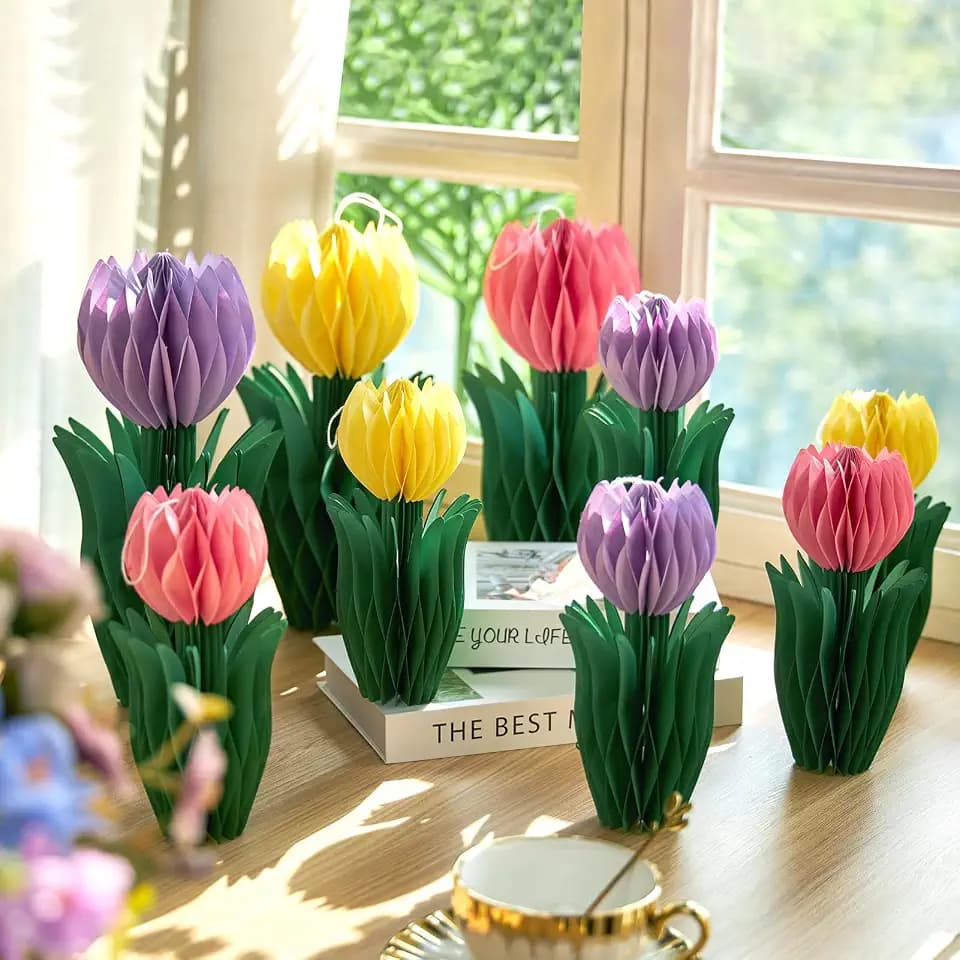 SUNBEAUTY Flower Honeycomb Decor Tulips Table Centerpieces Spring Decoration for Home Office Paper Flower Tulip Honeycomb Decor for Garden Party Mothers Day Decoration Easter Party Birthday Tea Party