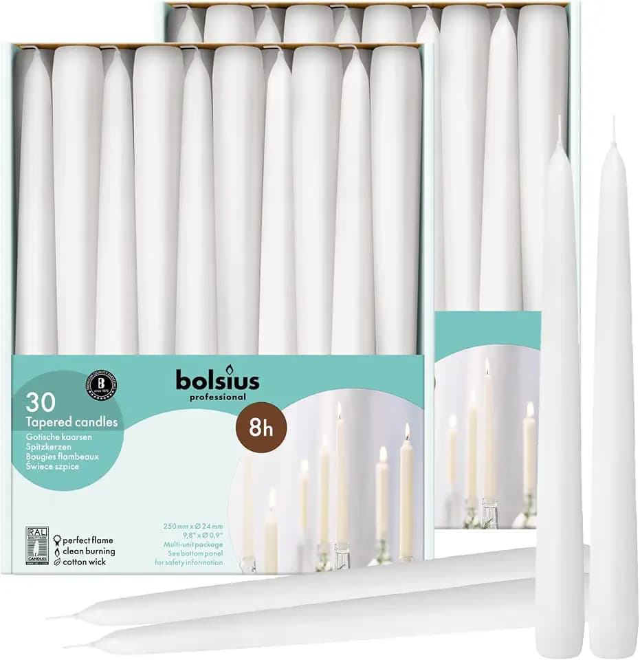 BOLSIUS 60 Count Household White Taper Candles - 10 Inches - Premium European Quality - 8 Hours Burn Time - Unscented Dripless and Smokeless Home Decor, Restaurant, Wedding, and Party Candlesticks