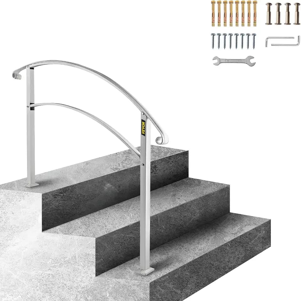 VEVOR Handrails for Outdoor Steps, Fit 1 or 3 Steps Outdoor Stair Railing, White Wrought Iron Handrail, Flexible Front Porch Hand Rail, Transitional Handrails for Concrete Steps or Wooden Stairs