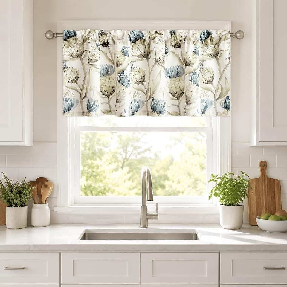 VOGOL Country Kitchen Curtain Valance, 18 Inches Long Elegant Floral Printed Short Drapes, Rod Pocket Window Treatment for Farmhouse Kitchen Garden, Greyish Blue