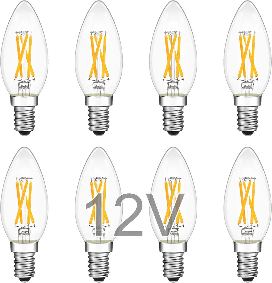 12 Volt Low Voltage Candelabra LED Light Bulbs - Soft Warm White 2700K 4W(Only for 12V DC/AC) - E12 Small Base - 40W Equivalent Torpedo Dimmable LED Candle Bulb for RV, Camper- 8 Pack