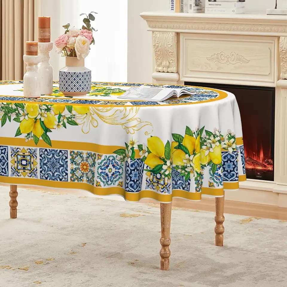 Horaldaily Summer Tablecloth 60 x 84 Inch Oval White Yellow Lemon Vintage