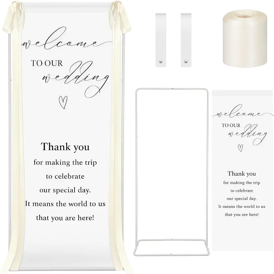Wedding Welcome Linen Sign Stand with Satin Ribbon(Beige)