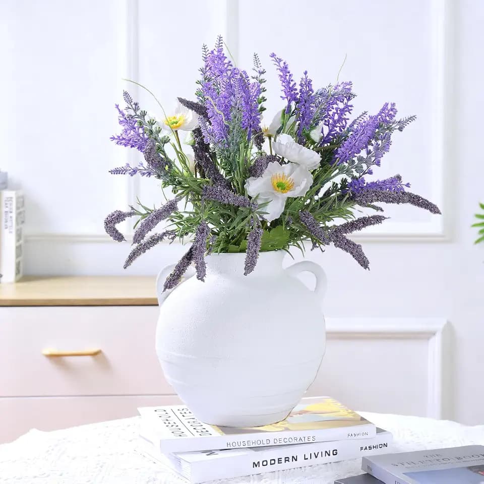 Ceramic Flower Vase Home Decor - Farmhouse Table Vases with Handle Living Room Decoration Vintage Decorative Aesthetic for Shelf Coffee Dining Desk House Bookshelf Fireplace S-White
