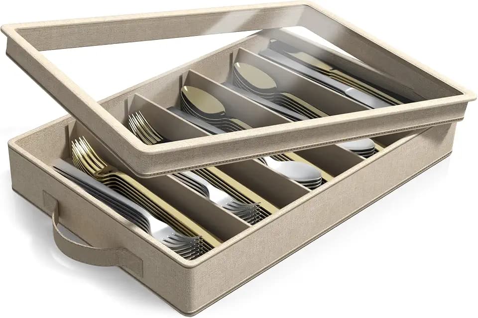 Sorbus Flatware Storage Box, Clear Silverware Organizer with Lid (Beige)