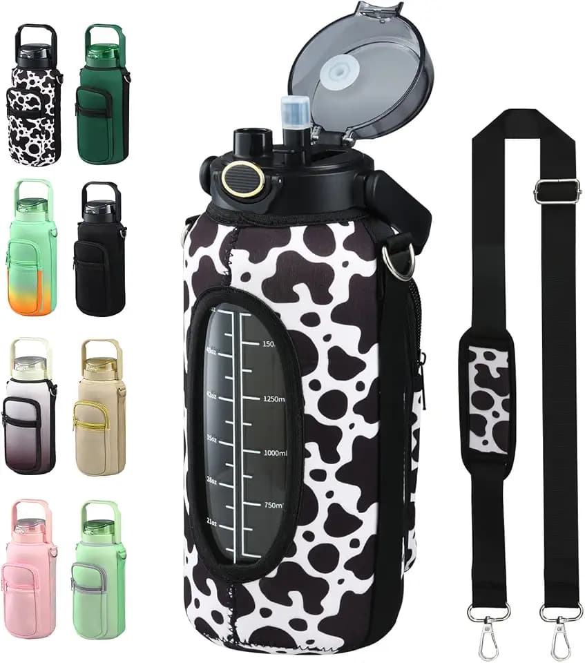 chunmo Half Gallon 64oz Glass Water Bottle with Straw and Storage Sleeve Motivational Water Bottle with Strap and Time to Drink 2L Leakproof Reusable Water Jug for Fitness Gym and Outdoors