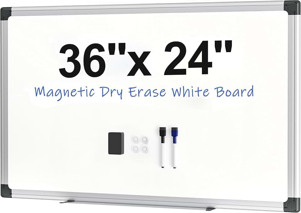 Magnetic White Board 36" x 24" for Wall, Dry Erase Board for Home Office, School, Study Room – Silver Aluminum Frame, 2 Markers, 4 Magnets, Included Eraser