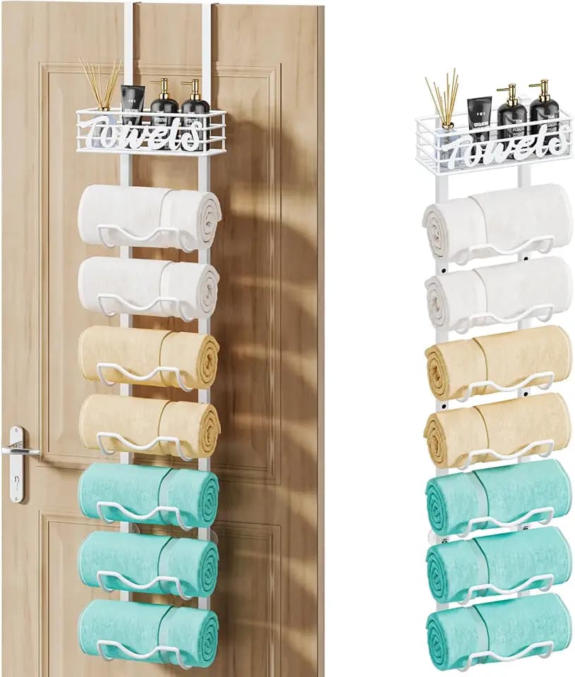 HapiRm Rolled Towel Racks for Bathroom - 8-Tier Over The Door & Wall Mounted Bathroom Towel Storage, Hanging Metal Organizer for Towels & Bath Sheets, Space Saving Rack for Bathroom, Camper, RV, White