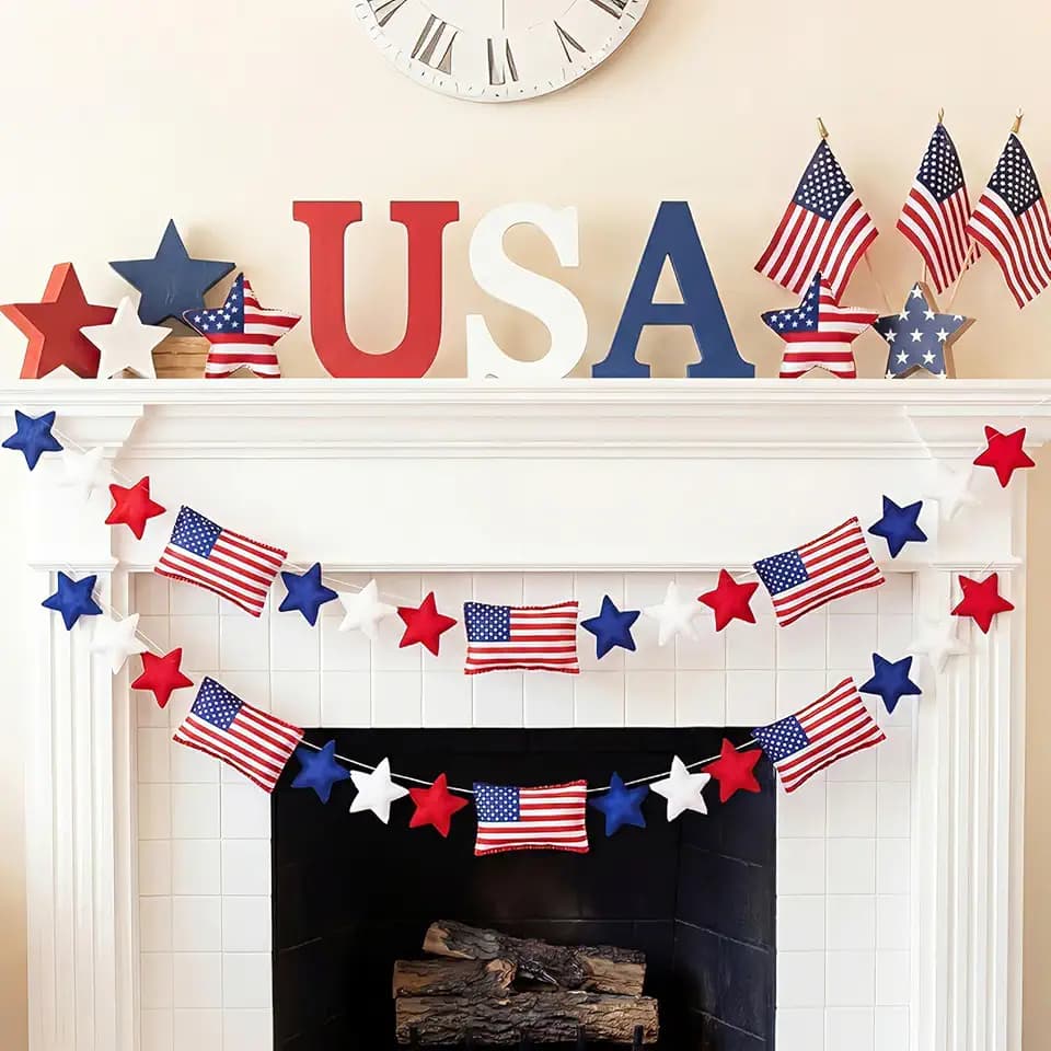 Hahafelt 2 Pcs 16.4 ft 4th of July Felt Garland Decorations Patriotic Red White Blue Star Banner with American Flag 250 Anniversary Farmhouse Decor for Mantle, Shelf, Fireplace(Star,Blue)
