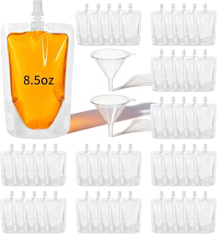 100 Pcs Plastic Drink Pouches Bulk, 8.5 oz Reusable Drink Bags for Travel