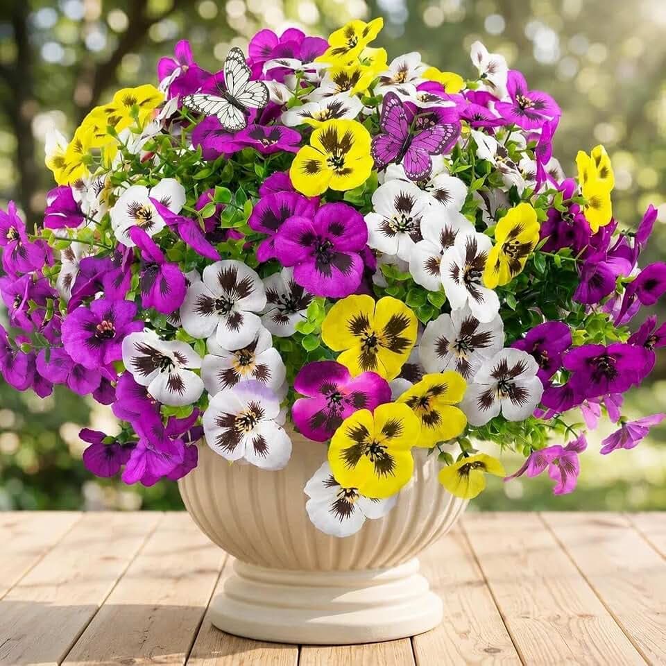 Geegoods Artificial Pansy Flowers, 18 Stems, UV Resistant Outdoor