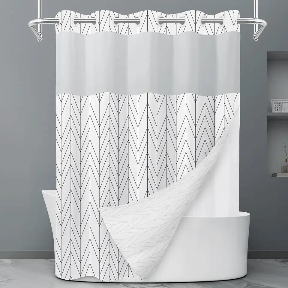 LXBNI Chevron Ringless Shower Curtain with Liner, Black White 71 x 74