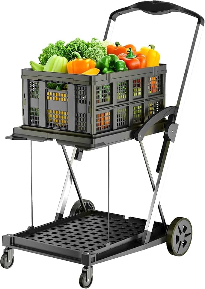 Collapsible Shopping Cart with Wheels | Portable Folding Shopping Carts | Collapsible Grocery Cart with Storage Crate | Utility Cart for Groceries, Warehouse,Supermarket. Black