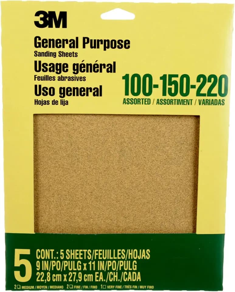 3M Aluminum Oxide Sandpaper, 5 Sheets, Assorted Grit 100-150-220, 9 x 11 in