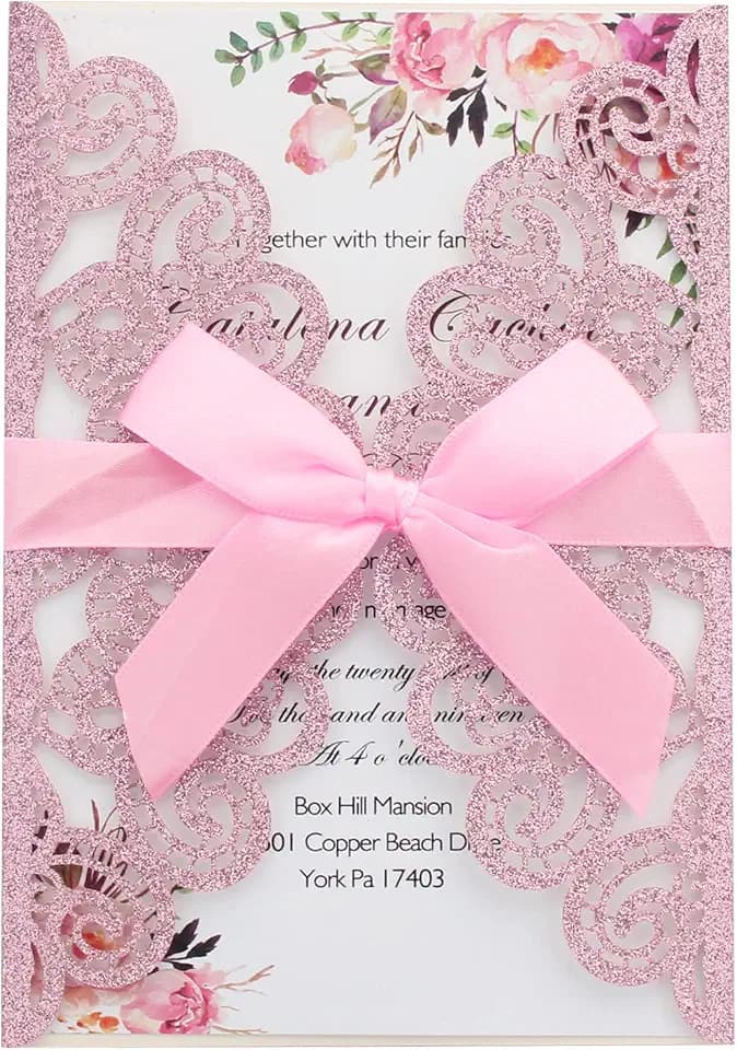 50Pcs Wedding Invitations with Envelopes and Rsvp Cards Pink Glitter Laser Cut Invitations with Pink Ribbons for Engagement Brithday Quinceanera Invites