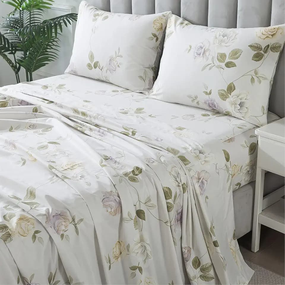 FADFAY King Sheets Set Percale Cotton Floral Bed Sheets Deep Pocket Fitted Sheet, Luxury Vintage Roses Flower Printed Shabby Bedding for All Season,Super Soft Crisp & Breathe,4pcs