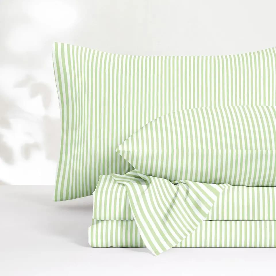 Wake In Cloud - Striped Bed Sheets, 4-Piece Sheet Set, Ticking Vertical Pin Stripe Modern Farmhouse Pattern Printed Bedding, Deep Pocket, Sage Green White, Full Size