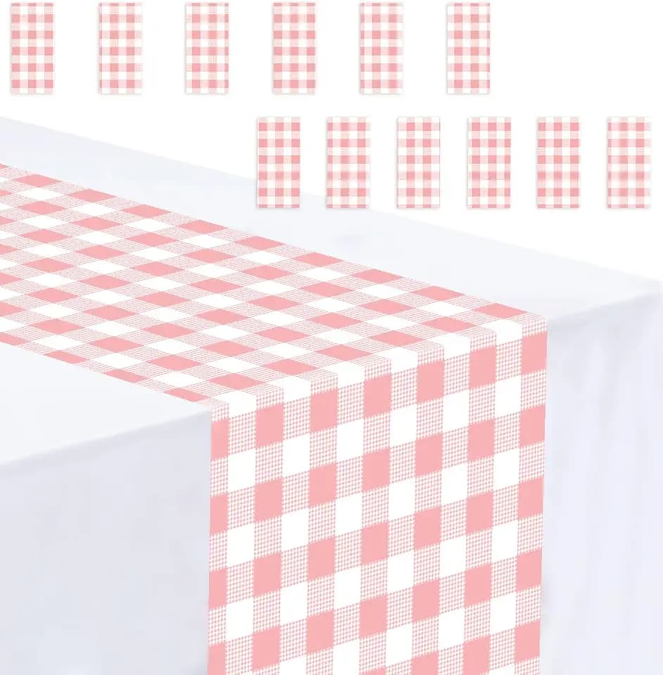 12 Pcs Pink Gingham Table Runner Plastic Checkered Table Runner