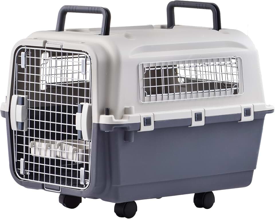 Lanco – Tragbare und atmungsaktive große Hundetrage aus Kunststoff. Haustiere Hunde. Widerstandsfähiges Material. Maße 89x61x74 cm. Zwei Griffe. Graue und weiße Farbe.