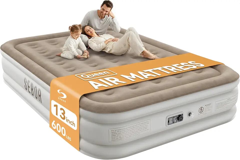 Sebor Queen Air Mattress with Built-in Pump, 13" Raised Blow Up Bed, 800 lb