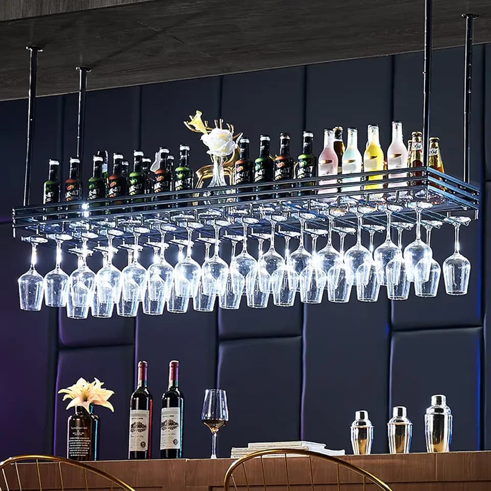 Ceiling Wine Rack&Hanging, Adjustable Hanging Wine Rack with Acrylic Board for Bar Cafe Kitche, 47''x13.8'' Iron Hanging Wine Glass Racks, Wine Bottle, Goblet Stemware Rack, Mug Rack-Black