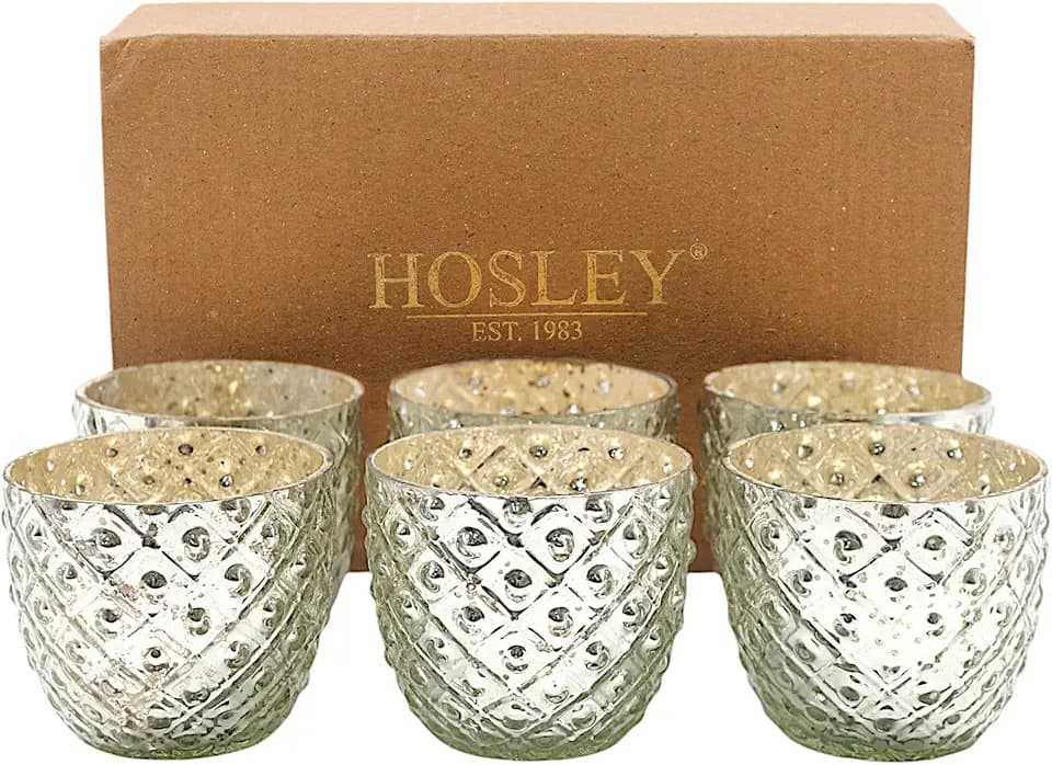 Hosley Set of 6 Antique Silver Glass Votive/Tealight Candle Holders – Mercury Style Decorative Cups for Weddings, Table Centerpieces & Home Décor – 2.75” Diameter