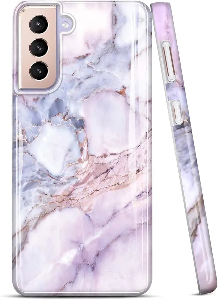 JAHOLAN Galaxy S21 Hülle Bling Glitzer Sparkle Marble Design Clear Bumper Glossy TPU Soft Rubber Silicone Cover Phone Case for Samsung Galaxy S21 5G 6.2 inch 2021 - Purple Pink