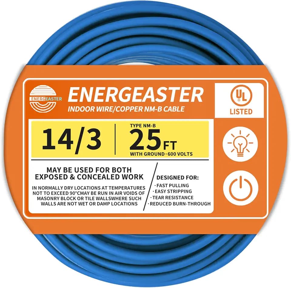 Energeaster Solid Indoor 14/3 NM-B Copper Cable with Ground 25FT, Blue