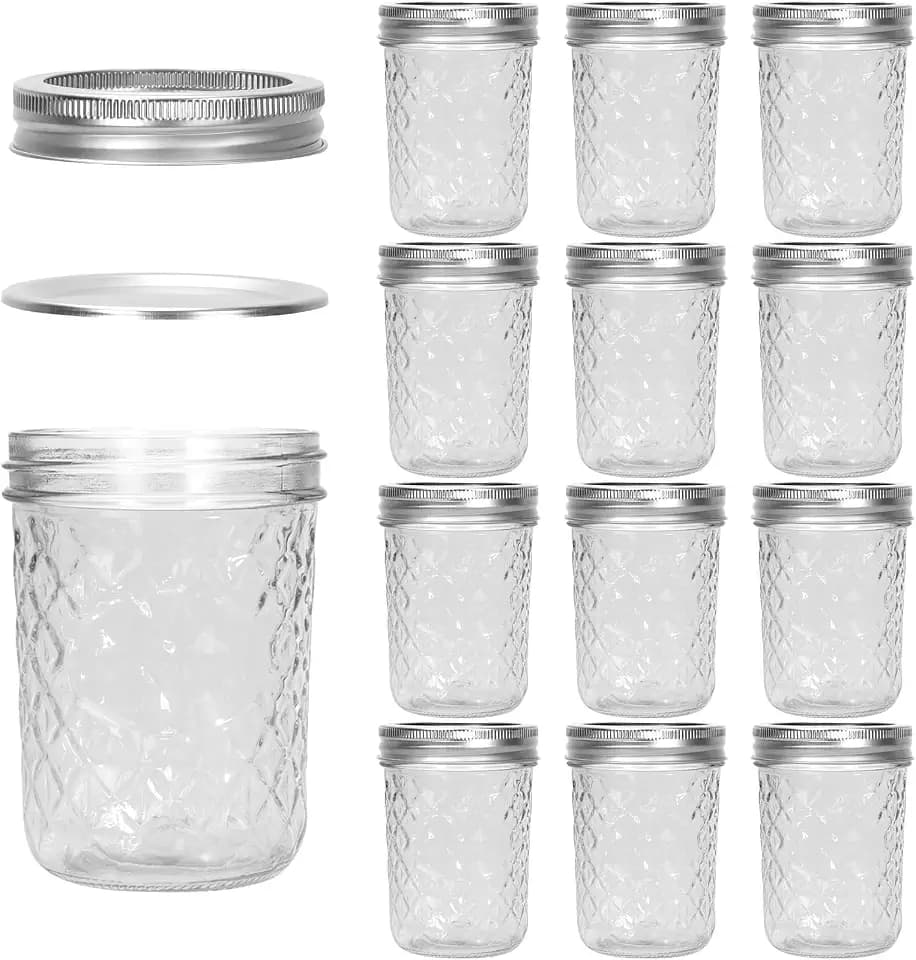 Glass Mason Jar 16 oz, 12 Pack Diamond Canning Jars with Airtight Lids