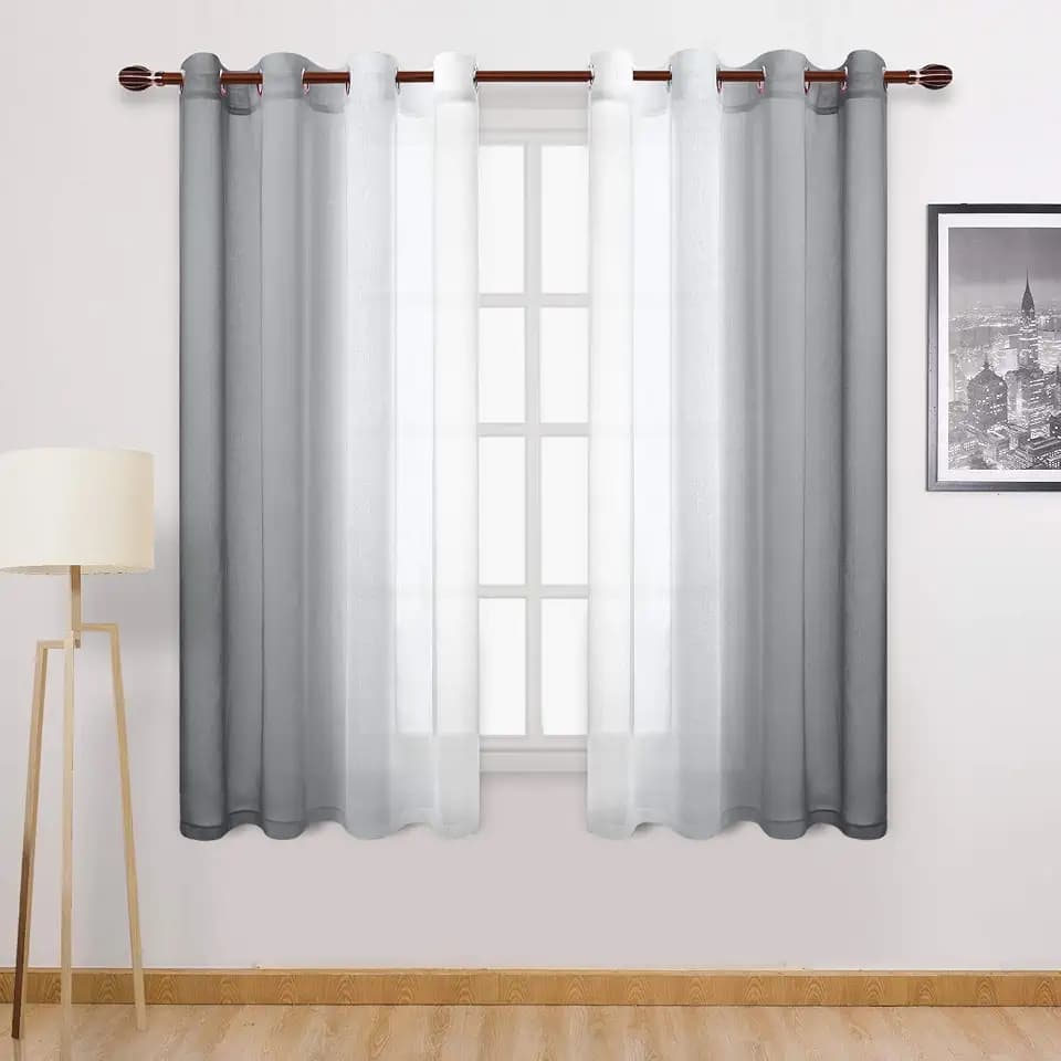 DWCN Grey Ombre Sheer Curtains - Faux Linen Semi Voile Gradient Bedroom and Living Room Curtains, Set of 2 Grommet Top Window Drape Panels, 52 x 63 Inch Length