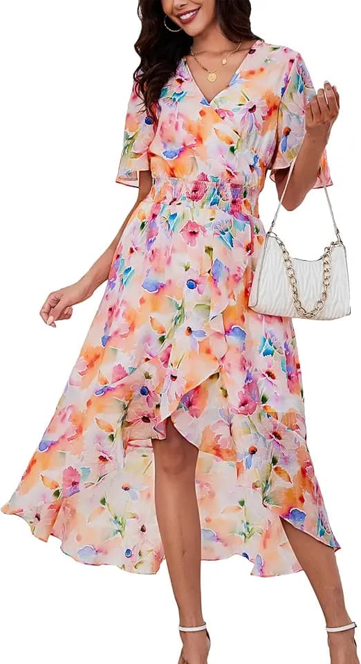 Kormei Womens Short Sleeve Floral Maxi Dress High Low V-Neck Flowy Party Long Dresses