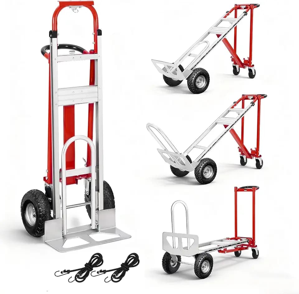Aluminum 4 in 1 Convertible Hand Truck Dolly, 1000Lbs Capacity, Heavy Duty Folding Hand Truck Dolly Cart with Wheels 10" All-Terrain Tires, Hand Trucks for Logistics, Home, Office, School, Red