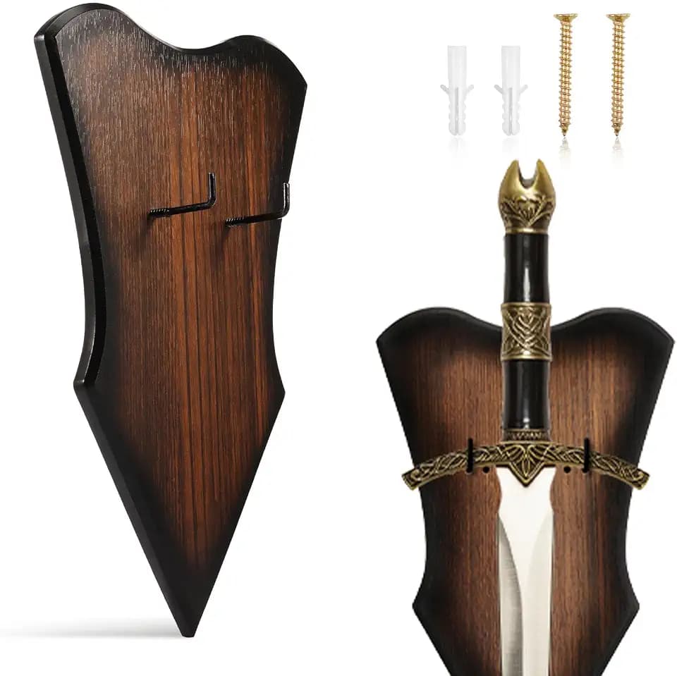 Sword Wall Mount, Vertical Display Sword Holder with Hook, Adjustable Wooden Plaque Holder for Katana Dagger Axe Bow, Medieval Weapon Stand with Mounting Hardware (Small)