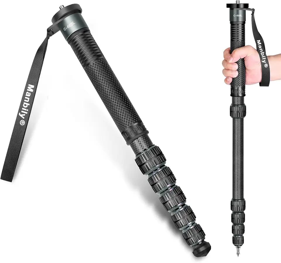Manbily C-666L 32mm Einbeinstativ Carbon für Kameras 44cm-174cm Kohlefaser Monopod Stativ DSLR Reise-Einbeinstativ 6 Abschnitte Wanderstöcke Max. 15KG, 1/4 & 3/8 Zoll für Videokamera