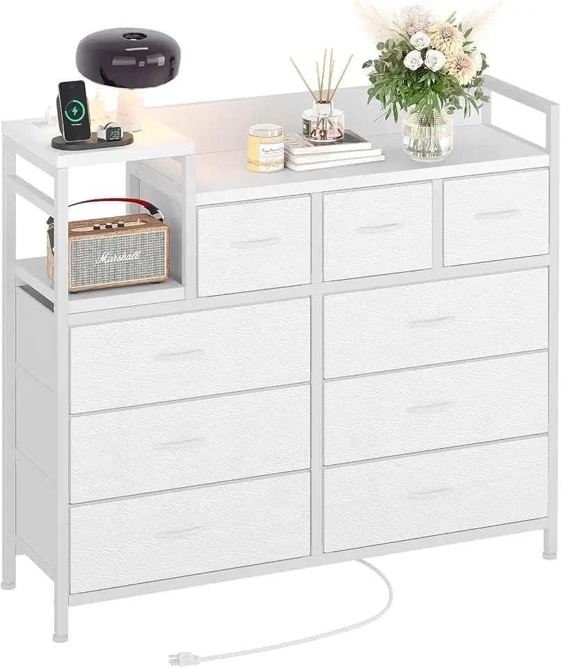 GarveeHome 9-Drawer Storage Bedroom Dresser TV Stand | Multi-Functional with Built-in Charging Station, Tall Dresser for Closet Organization, Kids Room & Apartments, White